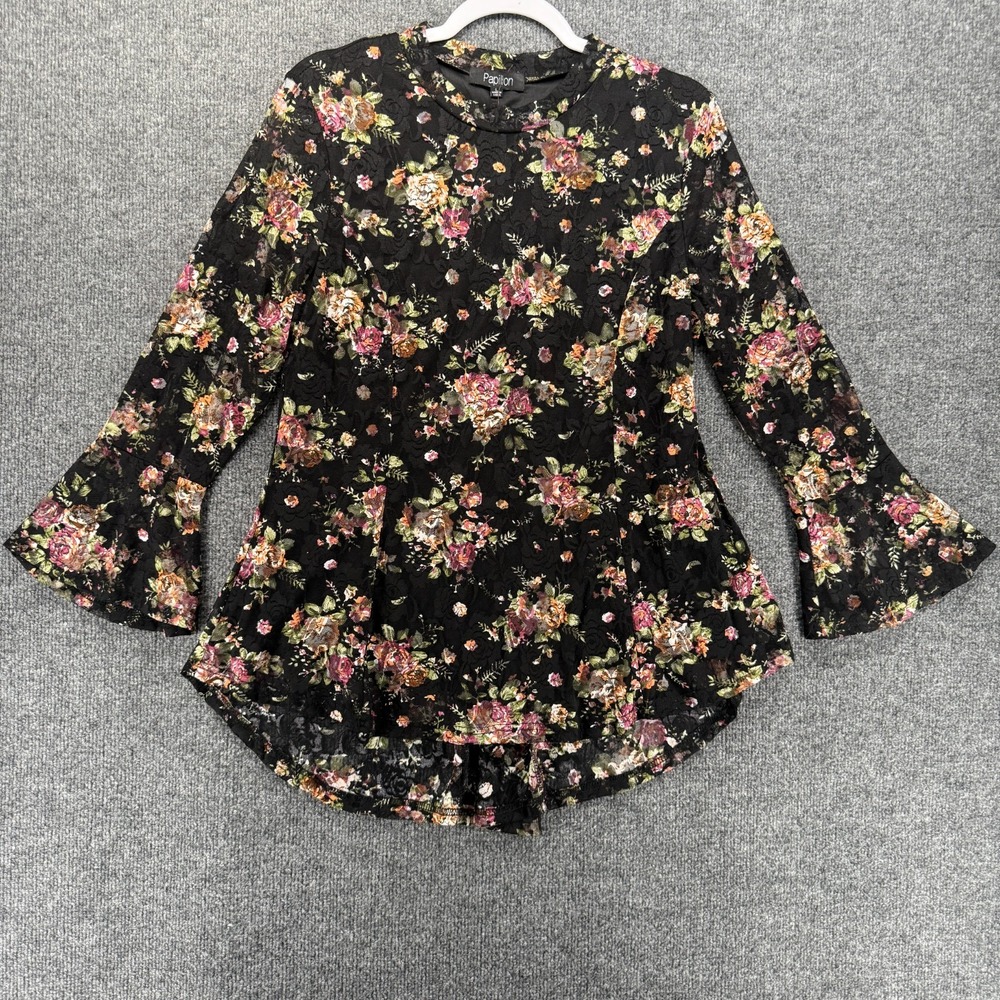 Papillon Top Womens L Black Floral Lace Bell Sleeve Boho Cottagecore Dark Fairy